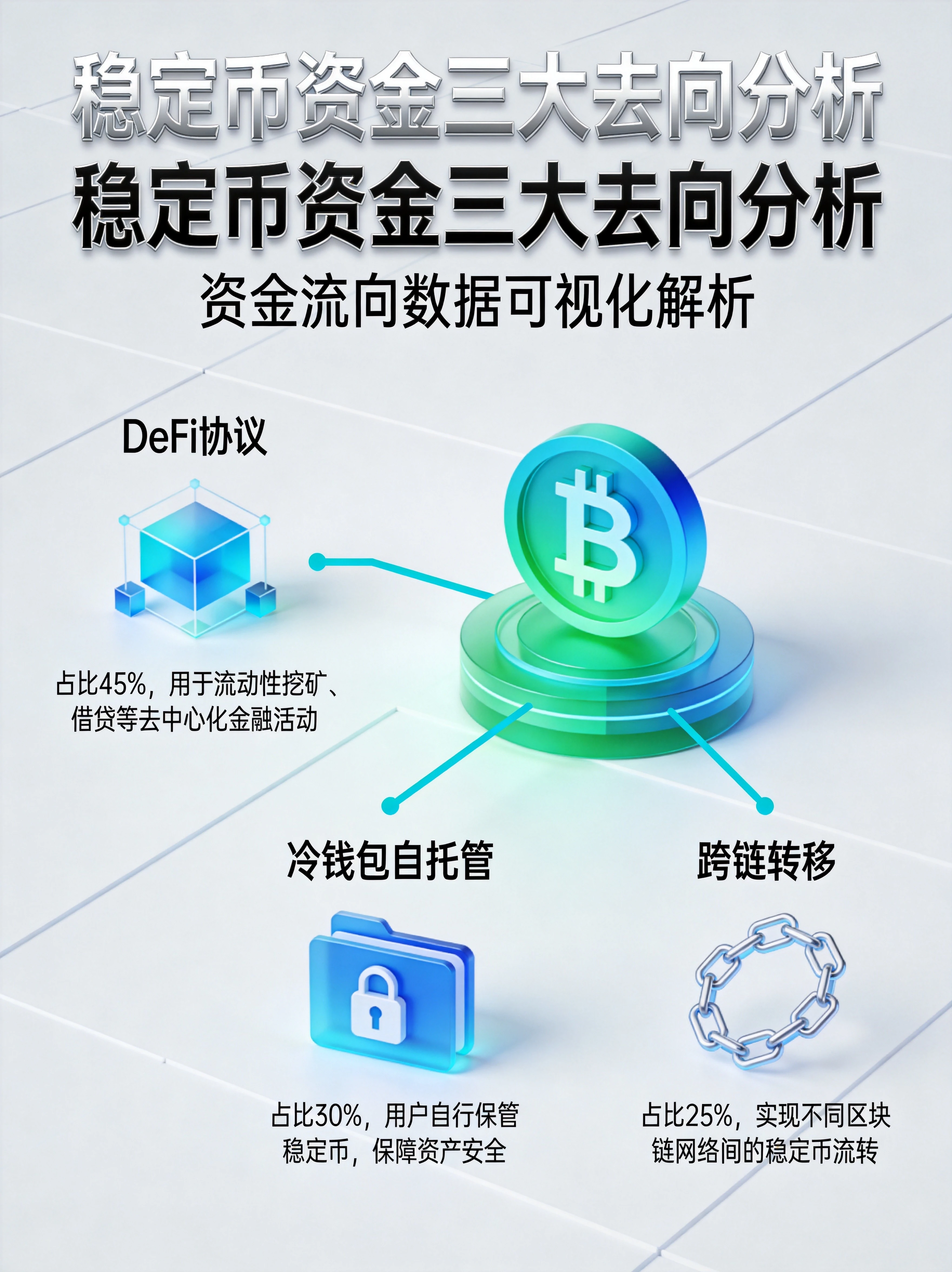 蓝绿色科技风格稳定币资金三大去向分析信息图，展示三大流向分支：DeFi协议、冷钱包自托管、跨链转移，配有对应图标和数据说明
